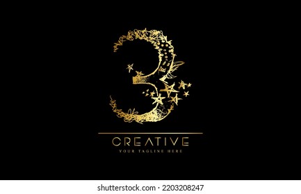 Gold number 3 logo vector design with leaf decoration.