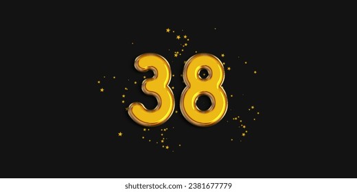 Gold number 38 foil balloon with star confetti on black background. 38 year anniversary background