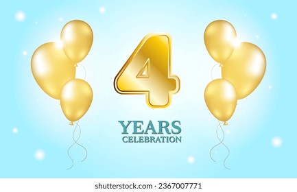 Gold Nummer 4 und Goldballons auf blauem Hintergrund. 4 Jahre alt. Feiern. 