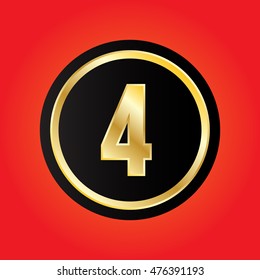Gold number "4" in black circle button on red background. Vector illustration