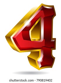 Gold number 4 isolated on white background. Vector illustration.