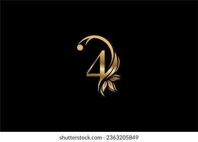 Gold number 4 logo design with beautiful leaf and flower ornaments. 4 Monograms. Typography 4. golden feather logo. Suitable for business logos, companies, boutiques, beauty, etc