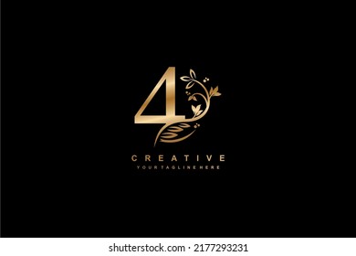 Gold Number 4 Logo Vector Design With Leaf, Flower, Feather Decoration. Monogram Number 4, Typography Number. Luxury Number 4. Anniversary 4. Suitable For Business, Company, Wedding, Birthday, Etc