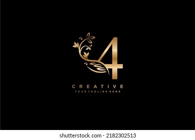 Gold Number 4 Logo Vector Design With Leaf, Flower, Feather Decoration. Monogram Number 4, Typography Number. Luxury Number 4. Anniversary 4. Suitable For Business, Company, Wedding, Birthday, Etc