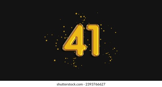 Gold number 41 foil balloon with star confetti on black background. 41 year anniversary background