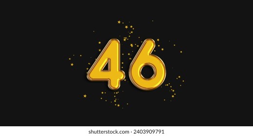 Gold number 46 foil balloon with star confetti on black background. 46 year anniversary background.