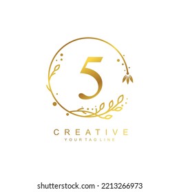 
gold number 5 logo design template with floral frame and circular leaf ornament. design number 5 is beautiful and luxurious. typography monogram 5. number icon