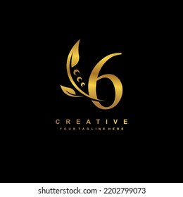 gold number 6 logo with luxury gold leaf ornament. 6 flourishes, 6 monograms, typography. feather logo. 6 premium designs. suitable for logos for birthdays, celebrations, anniversaries, years, etc.