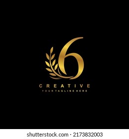Gold number 6 logo vector design with leaf decoration. monogram number 6, number typography. Leaf logo. number 6 luxury. anniversary 6