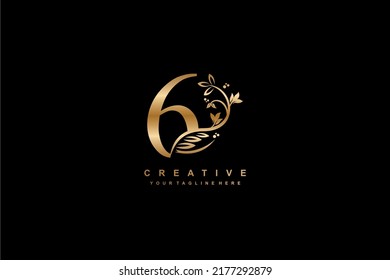 Gold number 6 logo vector design with leaf, flower, feather decoration. monogram number 6, typography number. luxury number 6. anniversary 6. suitable for business, company, wedding, birthday, etc