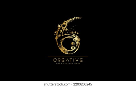 Gold number 6 logo vector design with leaf decoration.