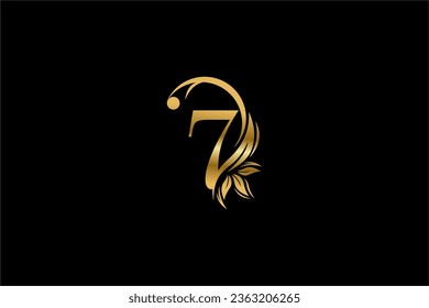 Gold number 7 logo design with beautiful leaf and flower ornaments. 7 Monograms. Typography 7. golden feather logo. Suitable for business logos, companies, boutiques, beauty, etc