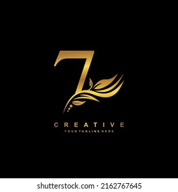 Gold number 7 logo vector design with leaf decoration. monogram number 7, number typography. feather logo. number 7 luxury. anniversary 7