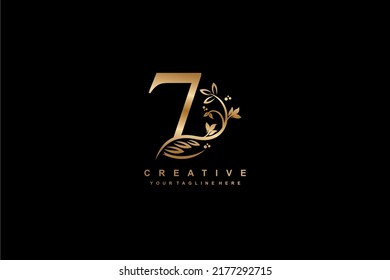 Diseño vectorial del logotipo Gold número 7 con decoración de hojas, flores y plumas. número de monograma 7, número de tipografía. lujo número 7. aniversario 7. adecuado para negocios, empresa, boda, cumpleaños, etc