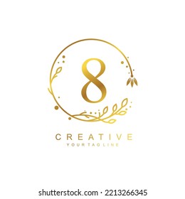 
gold number 8 logo design template with floral frame and circular leaf ornament. design number 8 is beautiful and luxurious. typography monogram 8. number icon