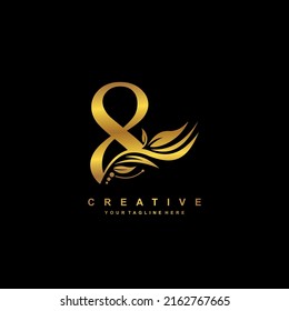 Gold number 8 logo vector design with leaf decoration. monogram number 8, number typography. feather logo. number 8 luxury. anniversary 8