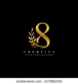 Gold number 8 logo vector design with leaf decoration. monogram number 8, number typography. Leaf logo. number 8 luxury. anniversary 8