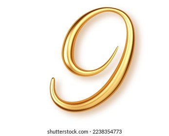 Gold number 9, 3d realistic lettering isolated on transperent background. Number nine uppercase for the design of banner or greeting card, significant date or event.