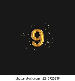 Gold number 9 foil balloon and confetti on black background. Nine year anniversary background
