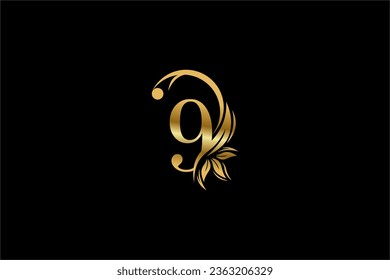 Gold number 9 logo design with beautiful leaf and flower ornaments. 8 Monograms. Typography 8. golden feather logo. Suitable for business logos, companies, boutiques, beauty, etc