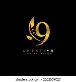 gold number 9 logo with luxury gold leaf ornament. 9 flourishes, 9 monograms, typography. feather logo. 9 premium designs. suitable for logos for birthdays, celebrations, anniversaries, years, etc.