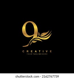 Diseño vectorial del logotipo Gold número 9 con decoración de hoja. monograma número 9, tipografía numérica. logo de plumas. el lujo número 9. aniversario 9