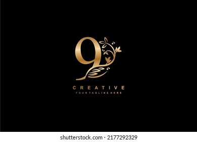 Diseño vectorial del logotipo Gold número 9 con decoración de hojas, flores y plumas. número de monograma 9, número de tipografía. lujo número 9. 9° aniversario. adecuado para negocios, empresa, boda, cumpleaños, etc