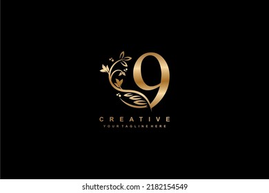 Gold number 9 logo vector design with leaf, flower, feather decoration. monogram number 9, typography number. luxury number 9. anniversary logo. suitable for business, company, wedding, birthday, etc