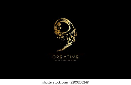 Gold number 9 logo vector design with leaf decoration.