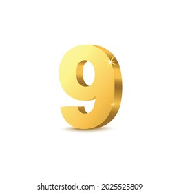 Gold number 9 - realistic 3D style golden metal digit isolated on white background. Shiny sparkling number nine in yellow metallic color, vector illustration.