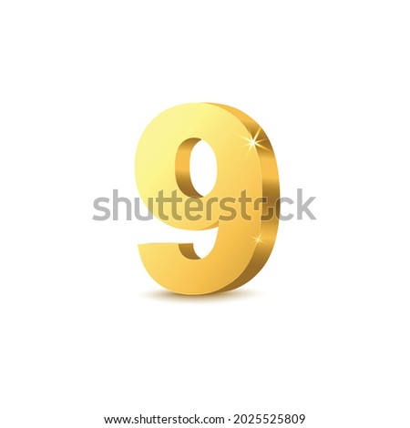 Gold number 9 - realistic 3D style golden metal digit isolated on white background. Shiny sparkling number nine in yellow metallic color, vector illustration.