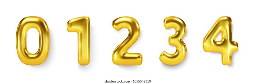 Gold Number Balloon Set 0 1 2 3 4 5. Vector realistic 3d golden shiny character. Isolated decoration element for party, birthday, anniversary and wedding
