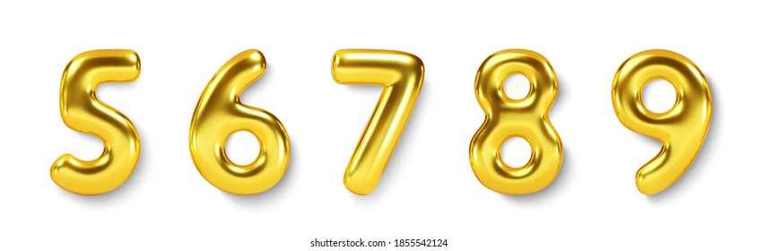 Gold Number Balloon Set 5 6 7 8 9. Vector realistic 3d golden shiny character. Isolated decoration element for party, birthday, anniversary and wedding