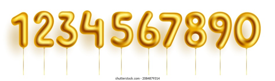 Gold number balloons vector set. Birthday Golden foil balloon with numeric metallic numbers 0 to 9 for birth day occasion and event celebration decoration count design. Vector illustration.
