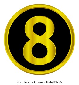 Gold number eight button on white background.