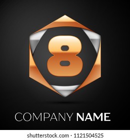 Gold Number Eight logo symbol in the golden-silver hexagonal on black background. Vector template for your design