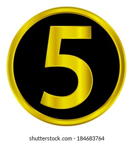 Gold number five button on white background.