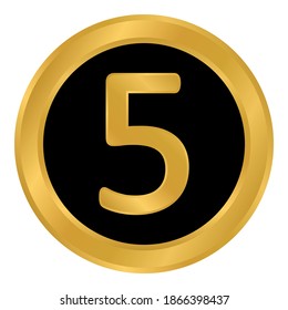 Gold number five button on white background. Vector illustration.