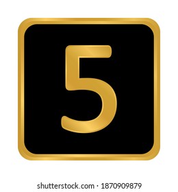 Gold number five button on white background. Vector illustration.