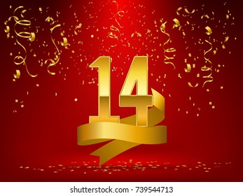 gold number fourteen background with gold ribbon on red background