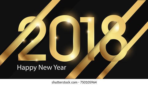 Gold Number of Happy New Year 2018 Design Vector on Black Background.