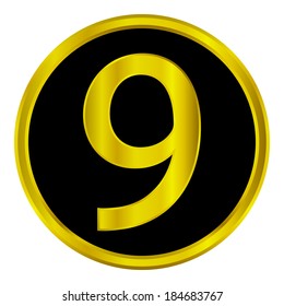 Gold number nine button on white background.