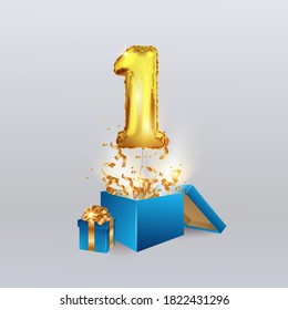 Gold number one 1 the first metal ball flies out of the box with a serpentine and a gift. Party decoration with Golden balloons. Anniversary sign for a happy holiday, celebration, birthday, carnival.