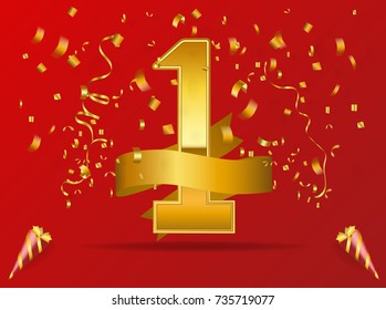 gold number one background with gold ribbon on red background