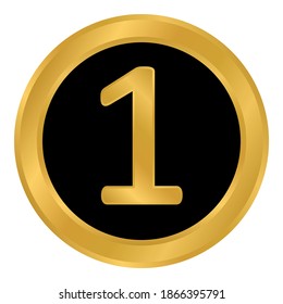 Gold number one button on white background. Vector illustration.