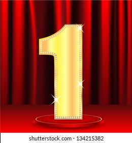 gold number one decorated by brilliant stones on a background a red curtain