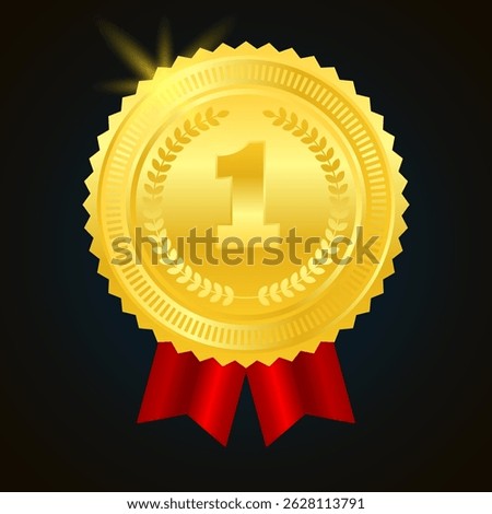Gold Number One Medal Emblem with Laurel Wreath and Red Ribbon - First Place Award Winner Design for Achievement and Victory