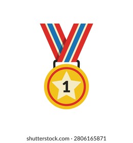 Gold number one medal with red and blue ribbons on white background