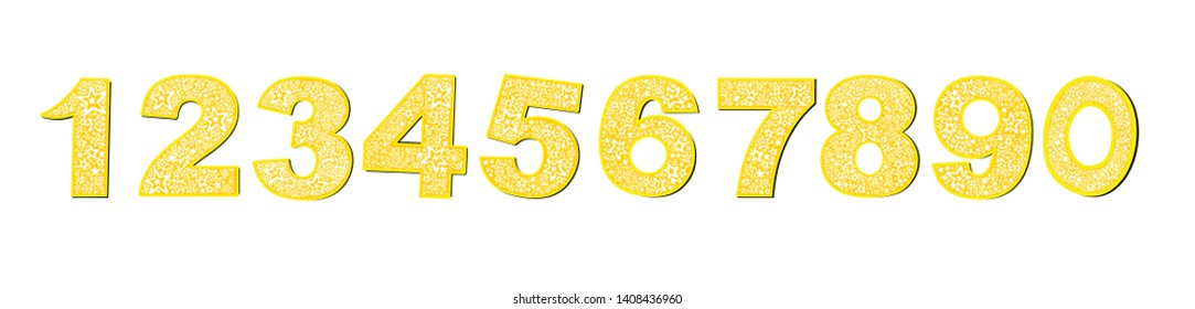 Gold Number set with abstract patterns. Number from 0 to 9 over white background. Cute birthday numbers collection. Number set made of stars.  illustration
