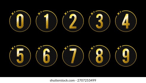 Gold Number Set from Zero to Nine Luxury Round Digit Icons on Black Background.